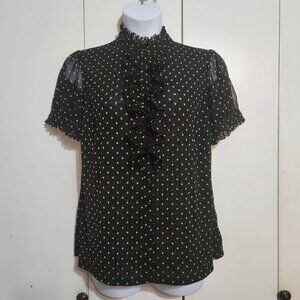 INC Woman 1X Sheer Mesh Polka Dot Blouse Ruffle High Neck Victorian Gothic Top